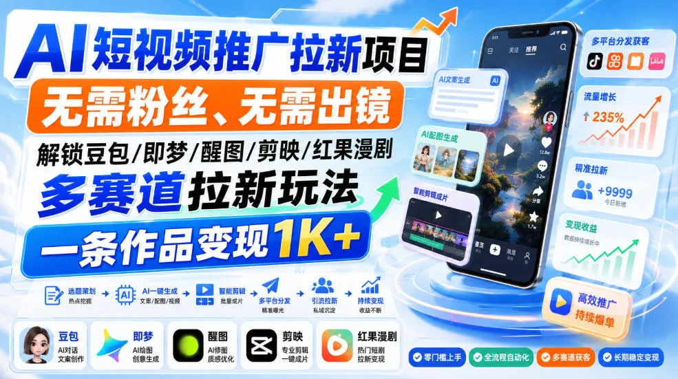 AI短视频推广拉新项目，无需粉丝、无需出镜，解锁豆包/即梦/醒图/剪映/红果漫剧多赛道拉新玩法，一条作品变现1K+-海桐网创
