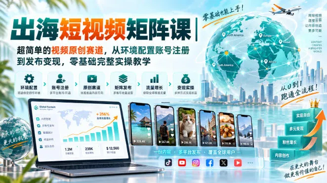 出海短视频矩阵课|超简单的视频原创赛道,从环境配置账号注册到发布变现,零基础完整实操教学-海桐网创