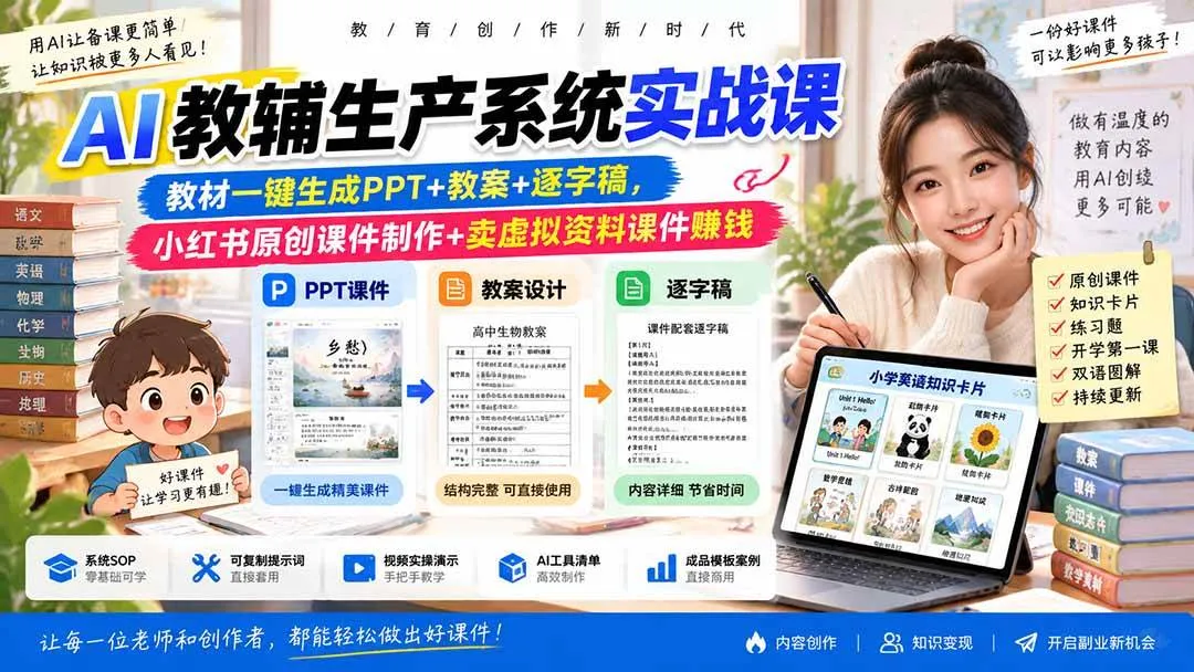 （20542期）AI教辅生产系统实战课｜教材一键生成PPT+教案+逐字稿，小红书原创课件制作+卖虚拟资料课件赚钱-海桐网创