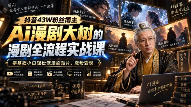 抖音43W粉丝博主Ai漫剧大树的漫剧制作全流程实战课，零基础小白轻松做漫剧短片，涨粉变现-海桐网创