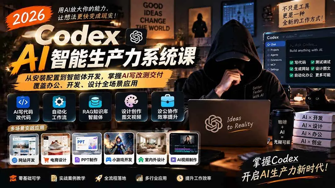（20535期）2026 Codex AI智能生产力系统课-更新｜从安装配置到智能体开发，掌握AI写改测交付，覆盖办公、开发、设计全场景应用-海桐网创