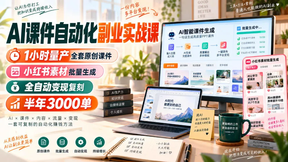 AI课件自动化副业实战课，1小时量产全套原创课件，小红书素材批量生成，全自动变现复刻，半年3000单-海桐网创