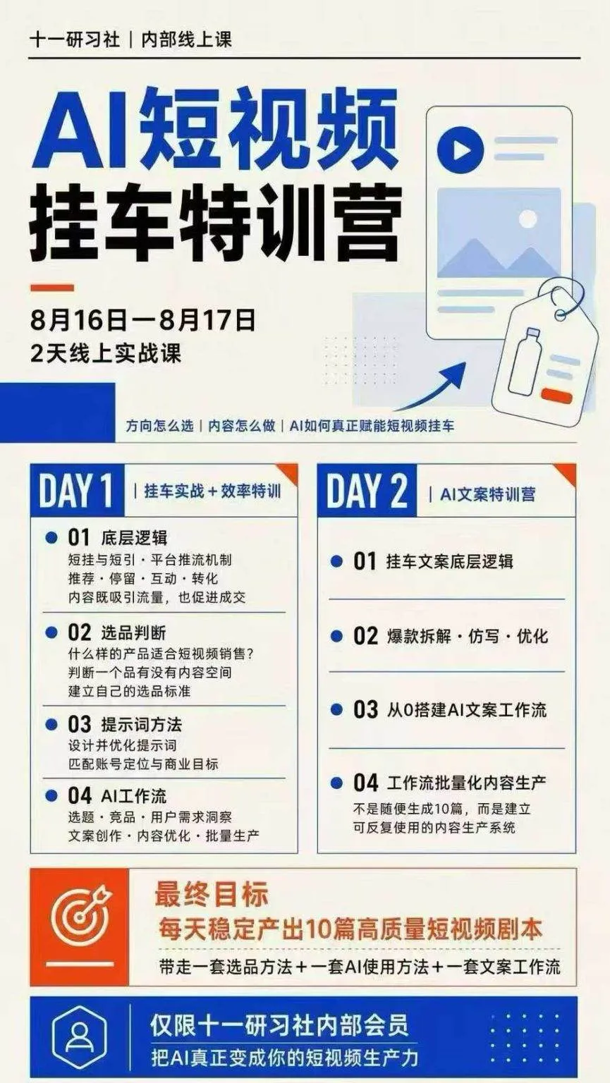 （20174期）AI短视频挂车生产力8月16-17线上课实战营：2天掌握选品方法+AI使用方法+文案工作流，建立每天10篇高质量剧本生产线