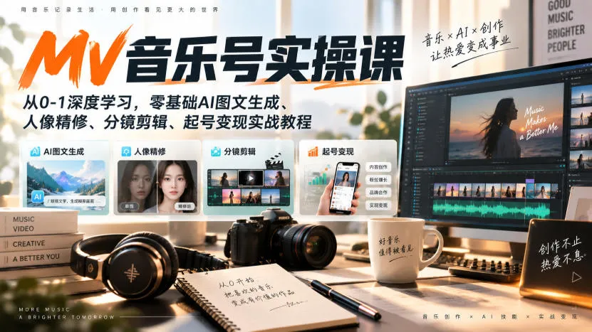 AI MV音乐号实操课,从0-1深度学习,零基础AI图文生成、人像精修、分镜剪辑、起号变现实战教程-海桐网创