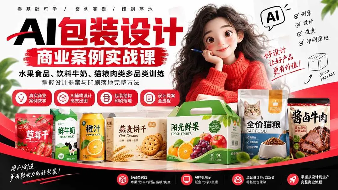 (20387期)AI包装设计商业案例实战课:水果食品、饮料牛奶、猫粮肉类多品类训练,掌握设计提案与印刷落地完整方法 (20387期)AI包装设计商业案例实战课:水果食品、饮料牛奶、猫粮肉类多品类训练,掌握设计提案与印刷落地完整方法