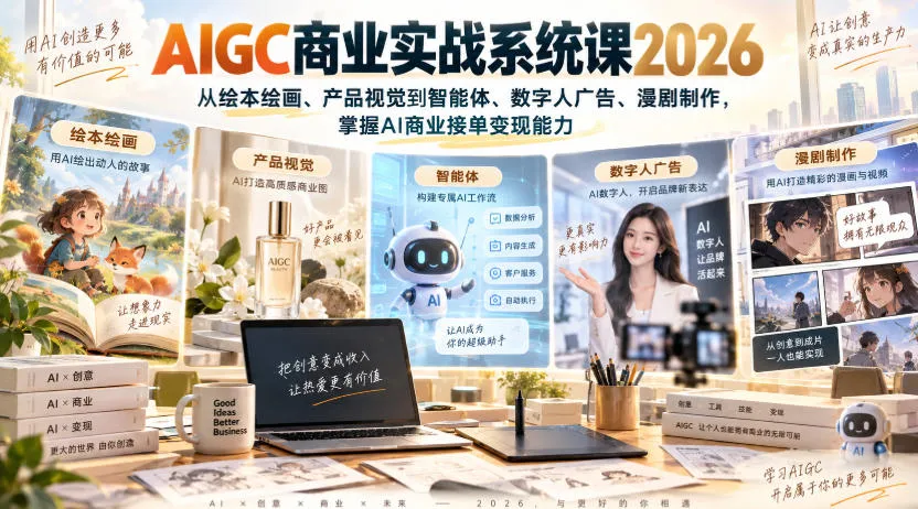 AIGC商业实战系统课2026,从绘本绘画、产品视觉到智能体、数字人广告、漫剧制作,掌握AI商业接单变现能力-海桐网创