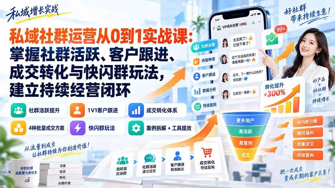 (20428期)私域社群运营从0到1实战课:掌握社群活跃、客户跟进、成交转化与快闪群玩法,建立持续经营闭环-海桐网创