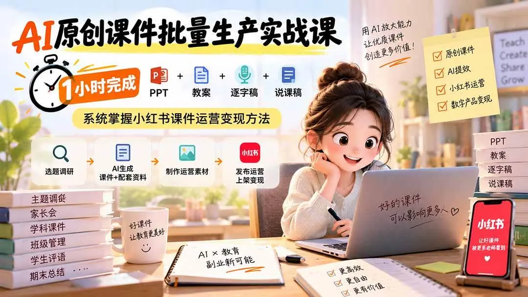 (20351期)AI原创课件批量生产实战课:1小时完成PPT+教案+逐字稿+说课稿,系统掌握小红书课件运营变现方法-海桐网创