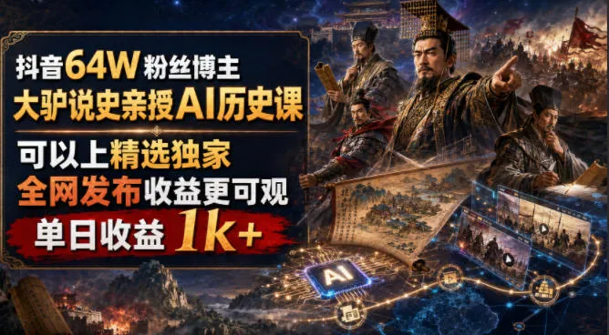 抖音64W粉丝博主大驴说史亲授AI历史课，可以上精选独家，全网发布收益更可观，单日收益1k+（更新）-海桐网创