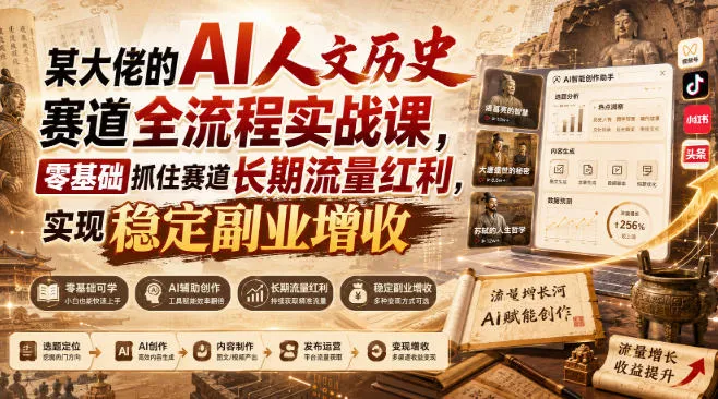 某大佬的AI人文历史赛道全流程实战课，零基础抓住赛道长期流量红利，实现稳定副业增收（更新）-海桐网创