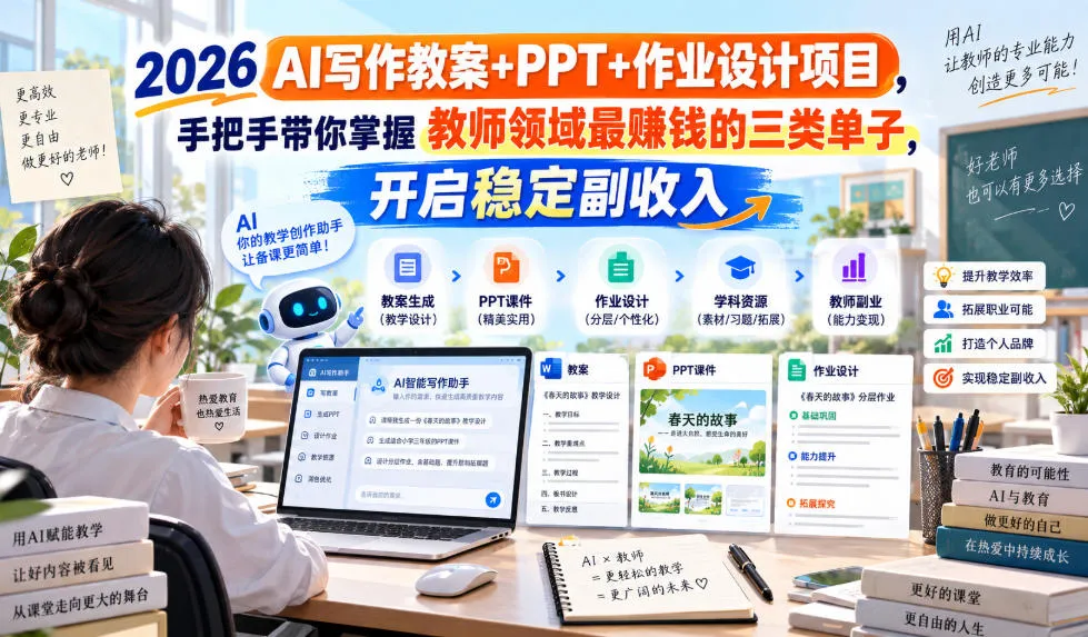 2026 AI写作教案+PPT+作业设计项目，手把手带你掌握教师领域最賺钱的三类单子，开启稳定副收入-海桐网创