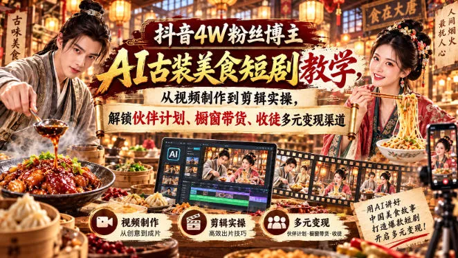 抖音4W粉丝博主AI古装美食短剧教学,从视频制作到剪辑实操,解锁伙伴计划、橱窗带货、收徒多元变现渠道-海桐网创