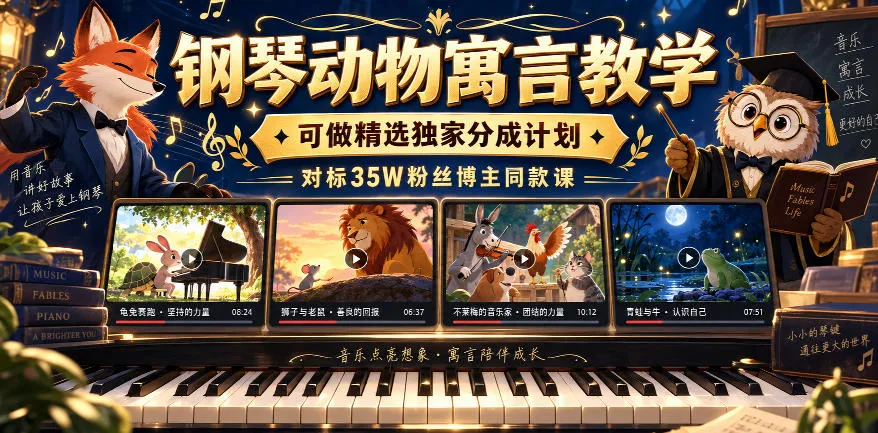 钢琴动物寓言教学,可做精选独家分成计划,对标35W粉丝博主同款课-海桐网创
