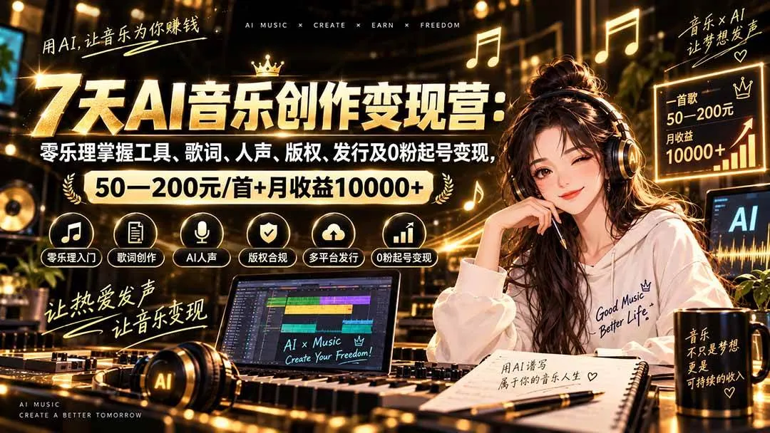 (20442期)AI音乐创作变现营:零乐理掌握工具、歌词、人声、版权、发行及0粉起号变现,50—200元/首+月收益10000+-海桐网创