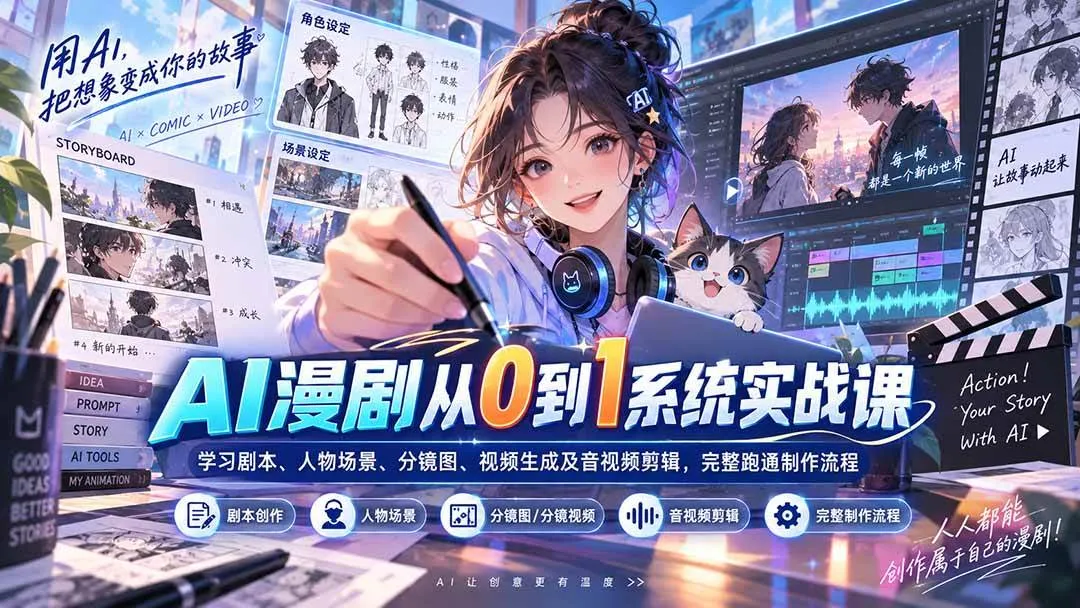 (20430期)AI漫剧从0到1系统实战课:学习剧本、人物场景、分镜图、视频生成及音视频剪辑,完整跑通制作流程-海桐网创