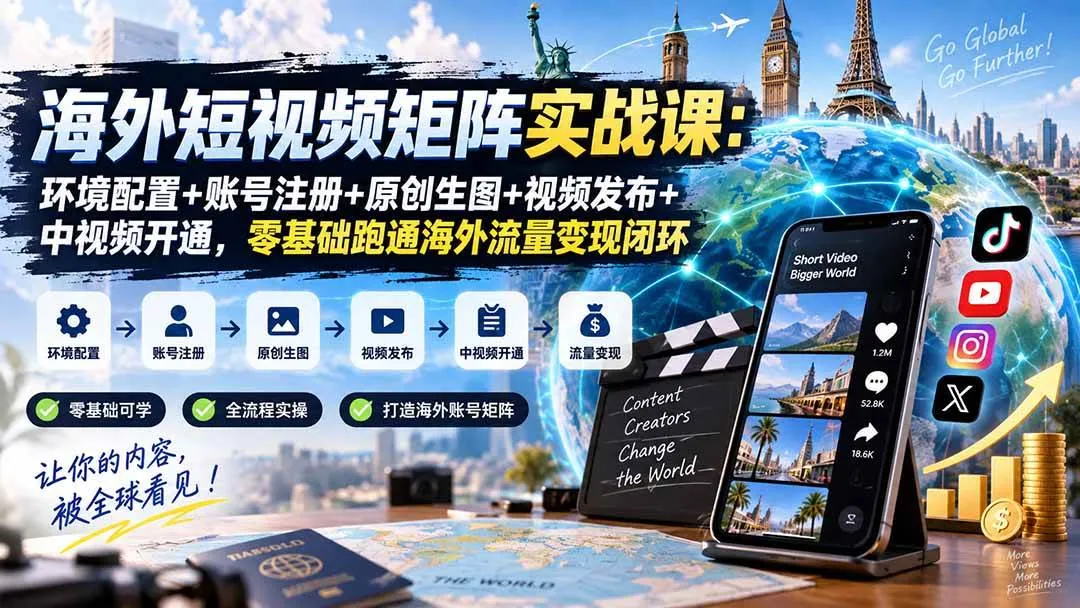 (20470期)海外短视频矩阵实战课:环境配置+账号注册+原创生图+视频发布+中视频开通,零基础跑通海外流量变现闭环-海桐网创