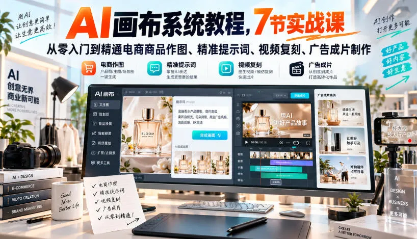 AI画布系统教程,7节实战课从零入门到精通电商商品作图、精准提示词、视频复刻、广告成片制作 AI画布系统教程,7节实战课从零入门到精通电商商品作图、精准提示词、视频复刻、广告成片制作