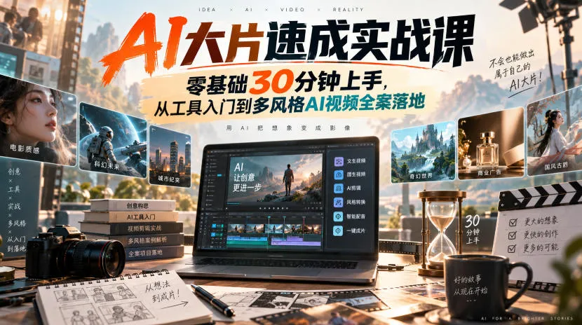 AI大片速成实战课｜零基础30分钟上手，从工具入门到多风格AI视频全案落地-海桐网创