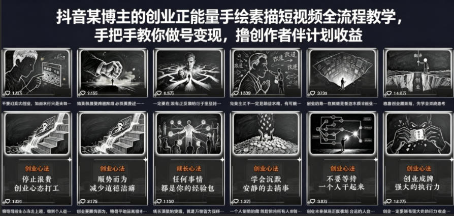 抖音某博主的创业正能量手绘素描短视频全流程教学，手把手教你做号变现，撸创作者伙伴计划收益-云网创