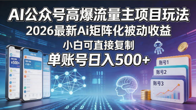 AI公众号高爆流量主项目玩法,2026最新Ai矩阵化被动收益,小白可直接复制,单账号日入500+-云网创