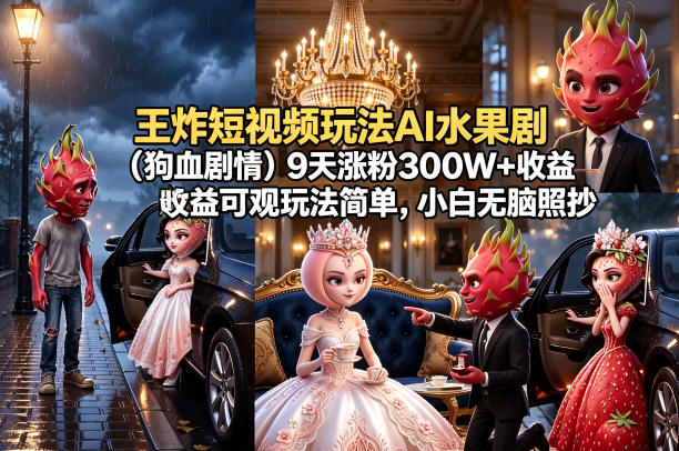 王炸短视频玩法AI水果剧(狗血剧情)9天涨粉300W+收益可观玩法简单,小白无脑照抄,详细拆解玩法-云网创
