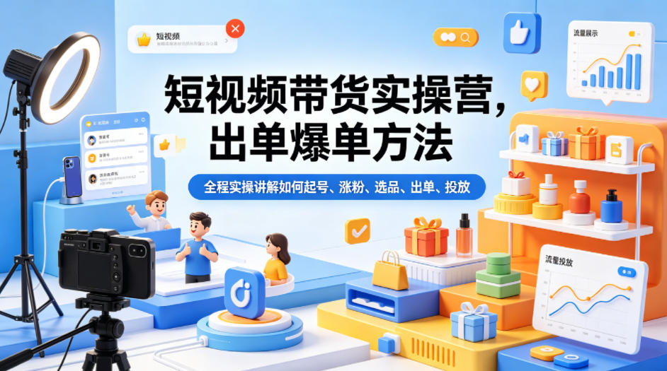 短视频带货实操营,出单爆单方法,全程实操讲解如何起号、涨粉、选品、出单、投放-云网创