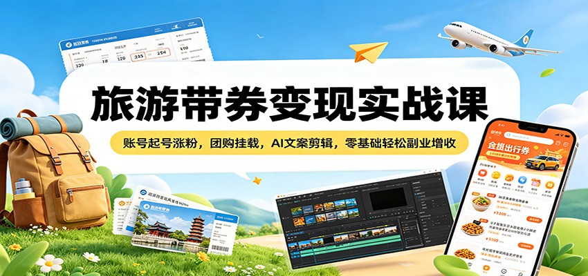 旅游带券变现实战课:账号起号涨粉,团购挂载,AI文案剪辑,零基础轻松副业增收-云网创