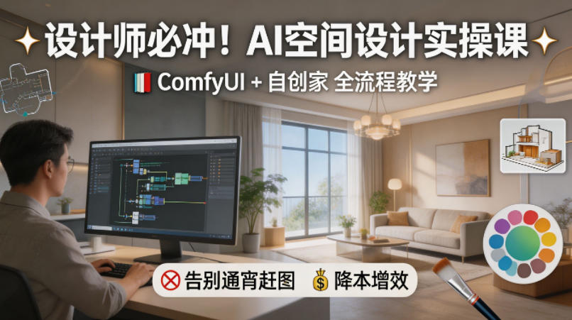 设计师必冲！AI空间设计实操课，ComfyUI+自创家全教学，告别通宵赶图，降本增效-云网创
