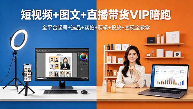 短视频+图文+直播带货VIP陪跑,全平台起号+选品+实拍+剪辑+投放+变现全教学-云网创