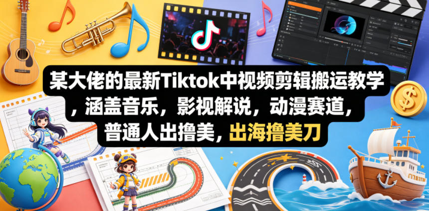 某大佬的最新Tiktok中视频剪辑搬运教学,涵盖音乐,影视解说,动漫赛道,普通人出海撸美刀-云网创