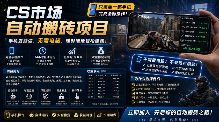 手机即可操作的CS市场自动搬砖系统|自动监控|自动下单|日入300+【揭秘】-云网创