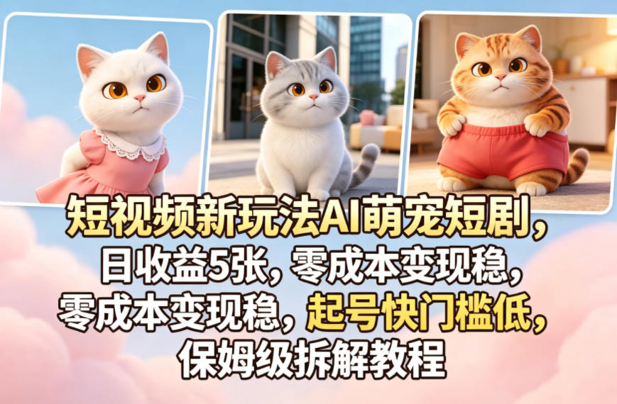 短视频新玩法AI萌宠短剧，日收益5张，零成本变现稳，起号快门槛低，保姆级拆解教程-云网创