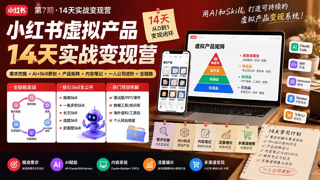 小红书虚拟产品14天实战变现营-第7期:需求挖掘×AI+Skill原创×产品矩阵×内容笔记×一人公司进阶×全链路-云网创
