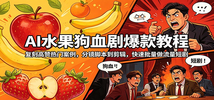 AI水果狗血剧爆款教程：复刻高赞热门案例，分镜脚本到剪辑，快速批量做流量短剧-云网创