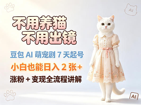 不用养猫不用出镜,豆包AI萌宠剧7天起号,小白也能日入2张+,涨粉+变现全流程讲解-云网创