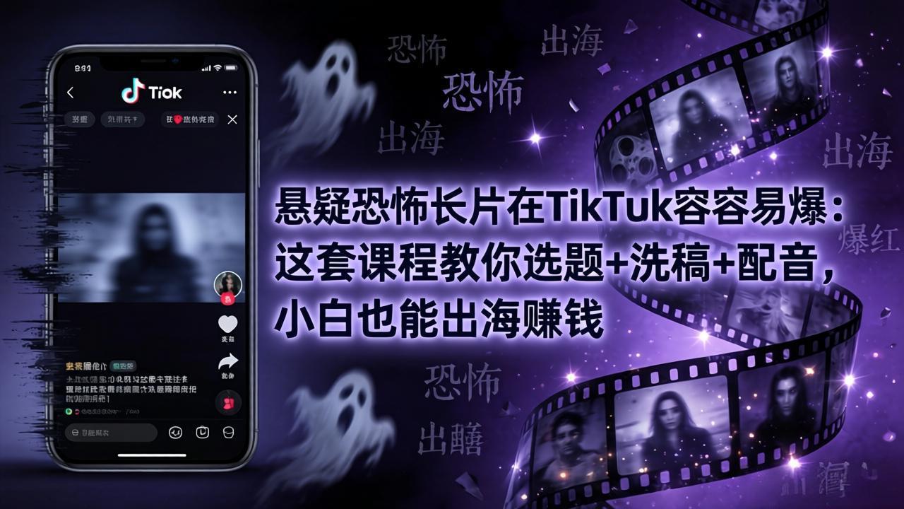 悬疑恐怖长片在TikTok最容易爆:这套课程教你选题+洗稿+配音,小白也能出海赚钱-云网创