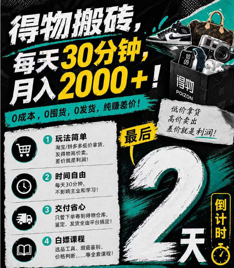 得物搬砖，0成本起步每天30分钟，月入2000+，0成本，0囤货，0发货，纯賺差价-云网创