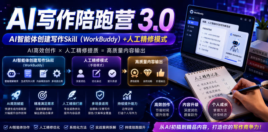 AI写作陪跑营3.0，Ai智能体创建写作skill(workbuddy)+人工手写模式(手搓模式)，去除AI痕迹(头条号、公众号、百家号)(更新0806)-云网创