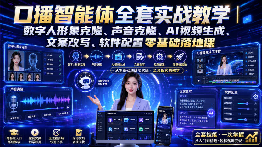 口播智能体全套实战教学|数字人形象克隆、声音克隆、AI视频生成、文案改写、软件配置零基础落地课-云网创