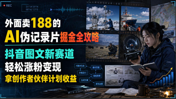 外面卖188的AI伪记录片掘金全攻略,抖音图文新赛道,轻松涨粉变现,拿创作者伙伴计划收益【文档】-云网创