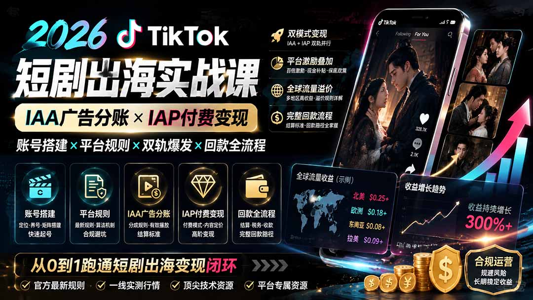 2026TikTok短剧出海实战课:IAA广告分账×IAP付费变现×账号搭建×平台规则×双轨爆发×回款全流程-云网创