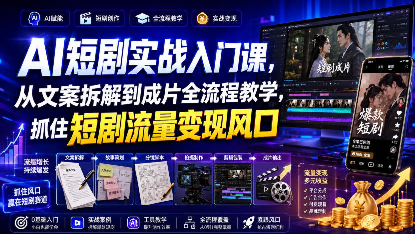 AI短剧实战入门课,从文案拆解到成片全流程教学,抓住短剧流量变现风口-云网创