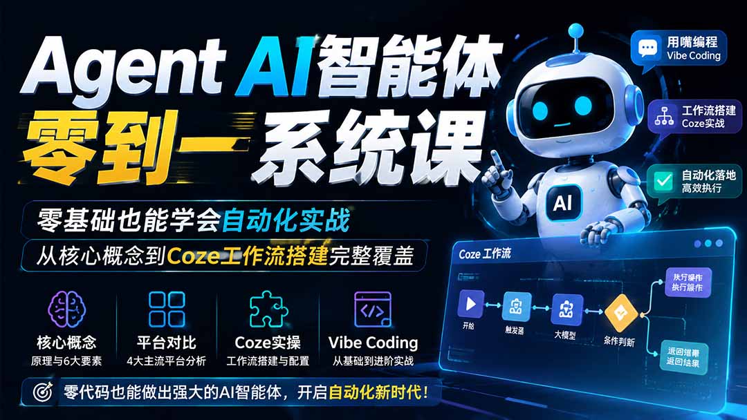 Agent AI智能体零到一系统课;零基础也能学会自动化实战,从核心概念到Coze工作流搭建完整覆盖-云网创