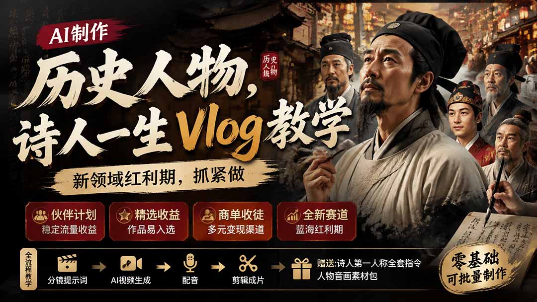 历史人物,诗人一生Vlog教学, AI制作丨伙伴计划丨精选收益丨商单收徒 ,新领域红利期,抓紧做-云网创