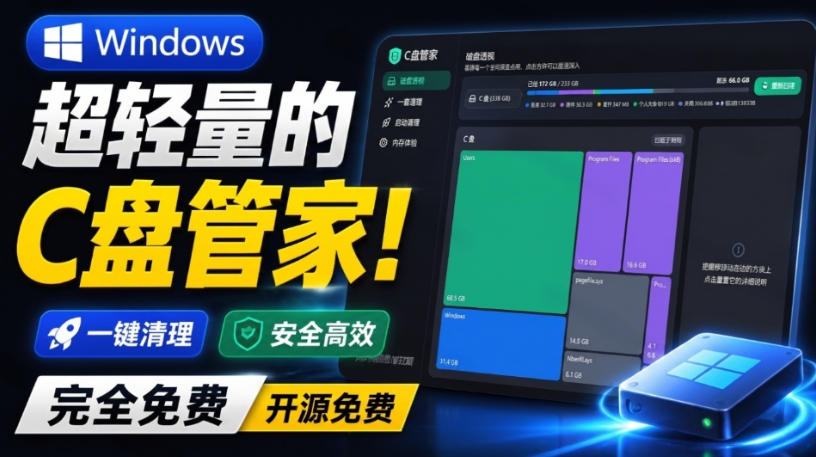 Windows超轻量的C盘管家！超级有特点，支持磁盘分析及清理提醒，2M大小体积，完全免费C盘管家-云网创