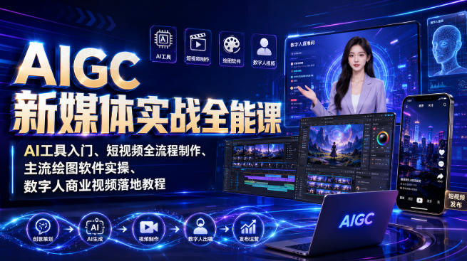 AIGC新媒体实战全能课｜AI工具入门、短视频全流程制作、主流绘图软件实操、数字人商业视频落地教程-云网创