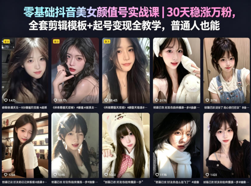 零基础抖音美女颜值号实战课|30天稳涨万粉,全套剪辑模板+起号变现全教学,普通人也能复制-云网创