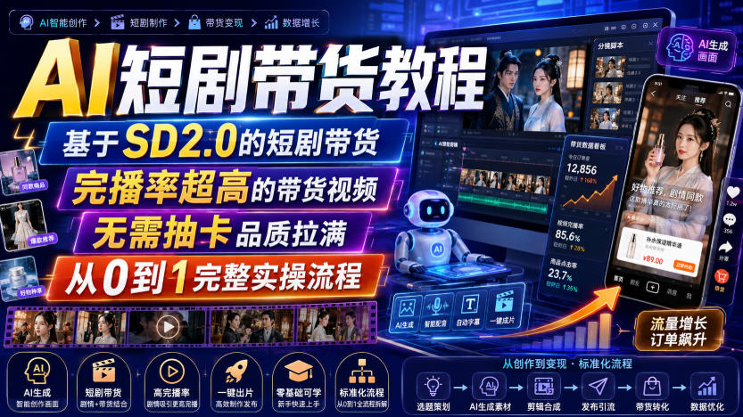 AI短剧带货教程,基于SD2.0的短剧带货,完播率超高的带货视频,无需抽卡品质拉满,从0到1完整实操流程-云网创