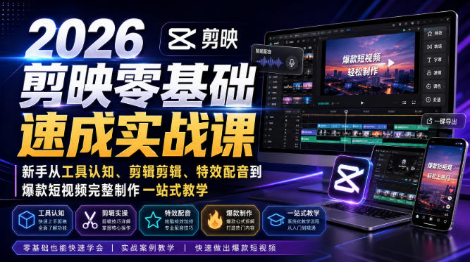 2026剪映零基础速成实战课|新手从工具认知、剪辑剪辑、特效配音到爆款短视频完整制作一站式教学-云网创