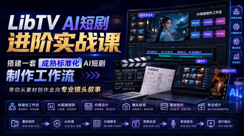 LibTV AI短剧进阶实战课,搭建一套成熟标准化AI短剧制作工作流,带你从素材创作走向专业镜头叙事-云网创